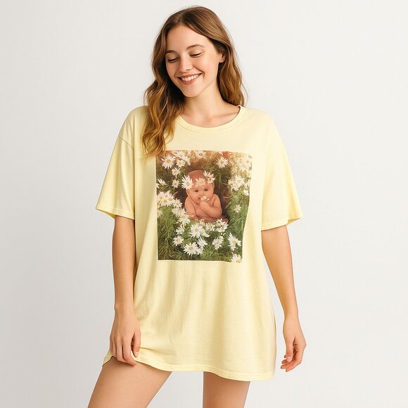 Vintage 90s Anne Geddes Baby Daisies Graphic Tee Dress OS Yellow Rare Y2K Floral - Picture 1 of 11